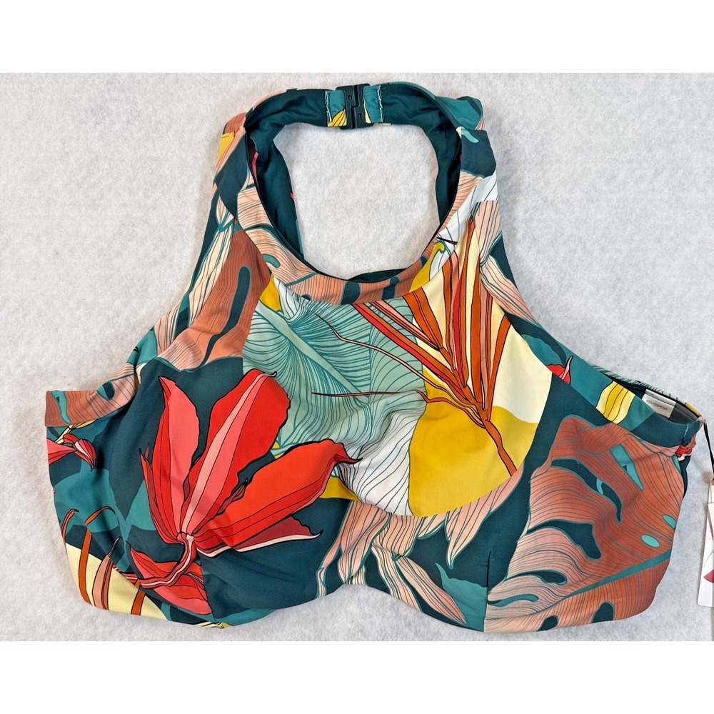 Calia Womens 3X Plus Botanical Print Sea Green Open Back Hi Neck Swim Top NWT
